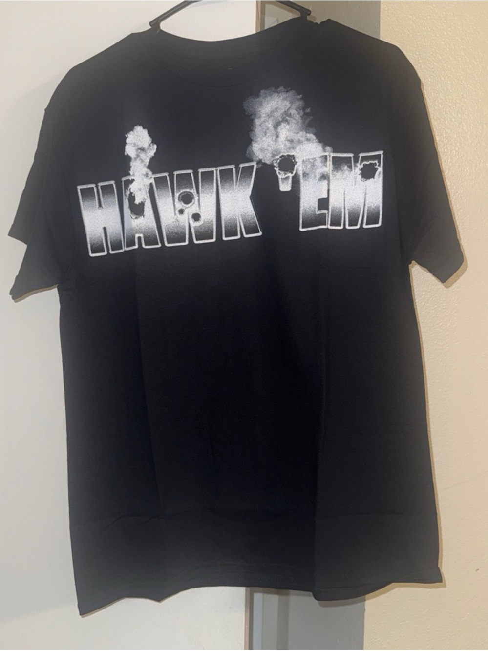 VLONE Black Short Sleeve Tee with White 'HAWK 'EM' Graphic